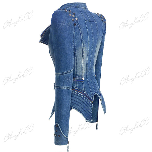 Punk Rivet Short Denim Slim Jackets Women Wash Long Sleeve Vintage Casual Studs Jean Outerwear Motorcycle Denim Coat Large Size SS69