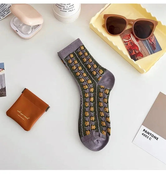 Cotton Fashion Korea Harajuku Retro Floral Vintage Woman Socks Novelty Ethnic Elegant Casual Ladies Girls Dress Brown Sox Autumn SS69 8.69 LYYZ3H5 / 35 - 40