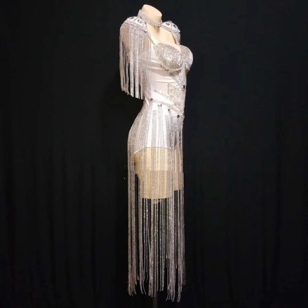 Sparkly White Rhinestones Tassels Epaulet Bodysuit Nightclub Dancer Group DJ Dance Costume Sexy Fashion Singer Stage Wear SS69