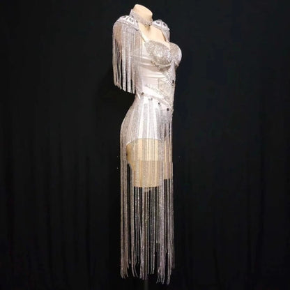 Sparkly White Rhinestones Tassels Epaulet Bodysuit Nightclub Dancer Group DJ Dance Costume Sexy Fashion Singer Stage Wear SS69