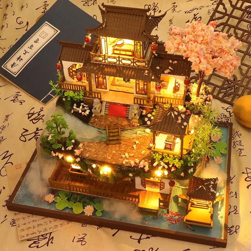 DIY Wooden Chinese Ancient Casa Miniature Building Kits Bookend With Lights Assembled Bookshelf Home Decoration Friends Gifts SS69