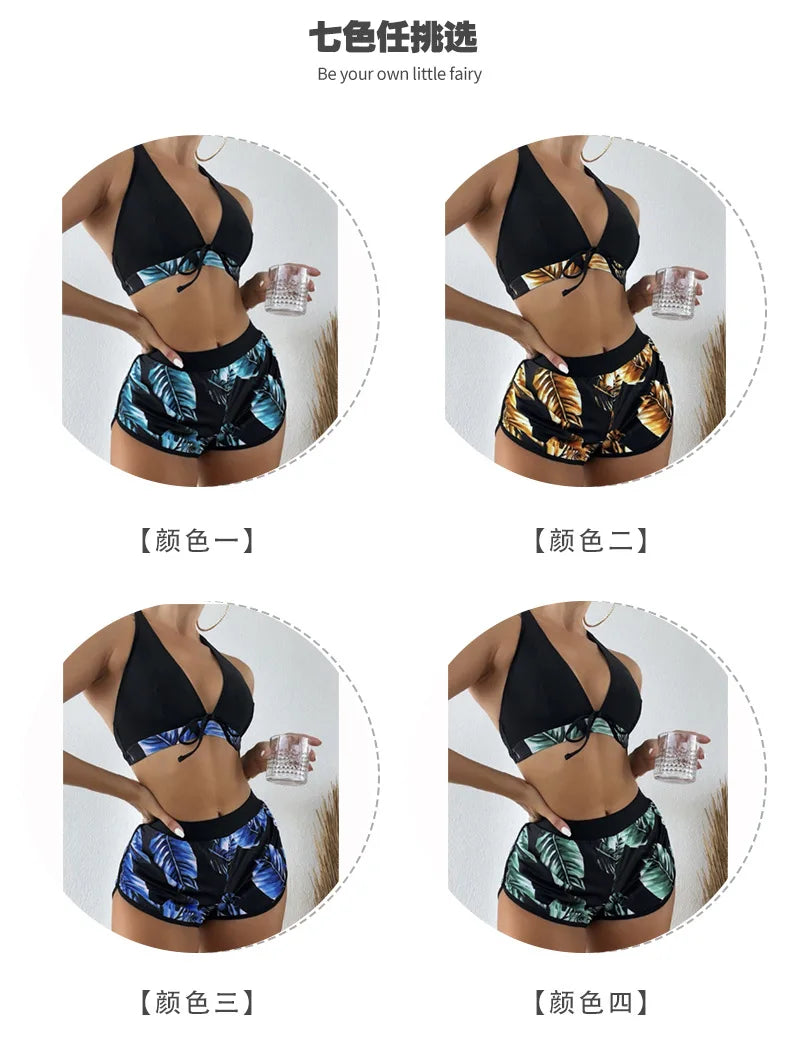 Women 2024 New Bikinis 6 Colors Sexy Halter Bikini 3 Piece Set Leafs Print High Waisted Swimsuit Beach Bathing Suit Size S-XXL SS69