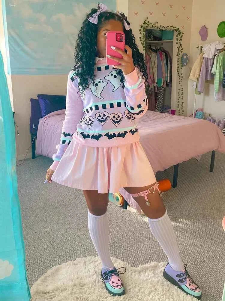 Yangelo Pink Kawaii Sweater Women's Knitted Top Gothic Ghost Bat Pattern Autumn Winter Warm Fairy Grunge Clothing