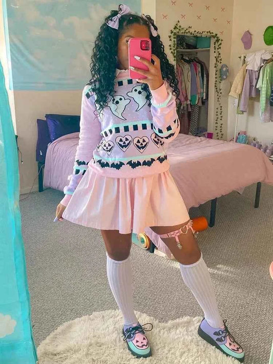 Yangelo Pink Kawaii Sweater Women's Knitted Top Gothic Ghost Bat Pattern Autumn Winter Warm Fairy Grunge Clothing