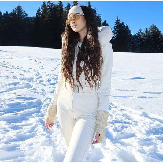 Fashion Solid Warm Ski Suit Women's Hood Fur Trim Full Sleeves Belt Coats High Waist Pants 2025 Winter Lady Windproof Tracksuit