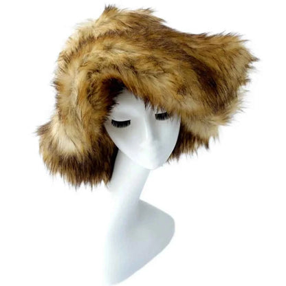 Luxury Fluffy Women Faux Fur Bucket Hats Oversized 17cm Wide Brim Thicken Outdoor Warm Plush Punk Hat Girl Y2k Female Ski Panama