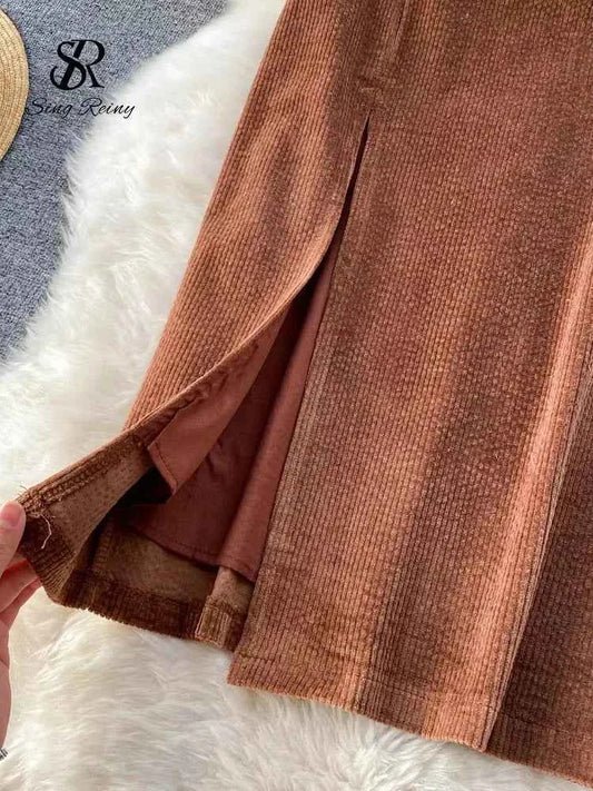 SINGREINY Women Korean Split Sexy Long Skirt 2024 Winter Corduroy Slim Thick Streetwear Fashion Vintage Autumn Bodycon Skirt