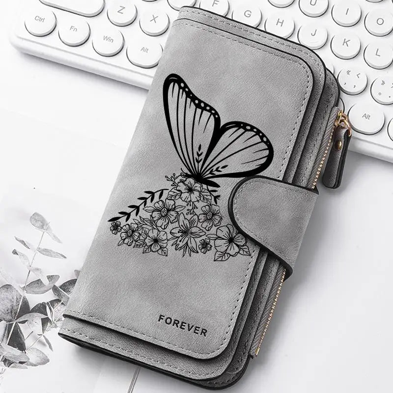 ZeAiLi Long PU Leather Clutch Wallet with Animal Paw and Butterfly Print