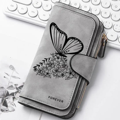ZeAiLi Long PU Leather Clutch Wallet with Animal Paw and Butterfly Print