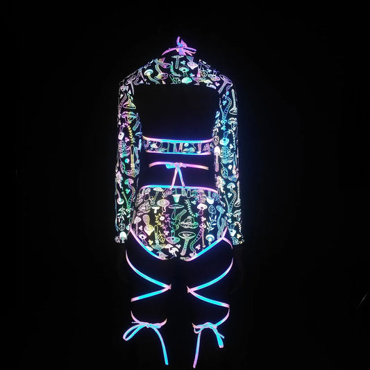 Harajuku Fashion Women Colorful Reflective Set Bandage Shorts+Bra+Crop Top Techwear Clothing Conjuntos Curtos SS69