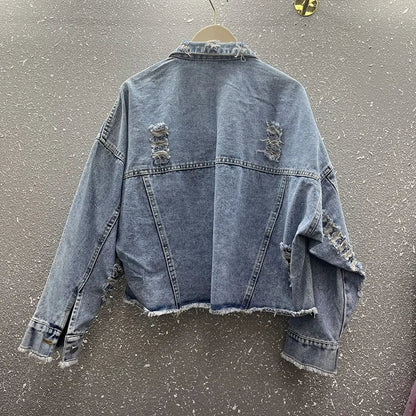2024 New Women Coat Cartoon Sticker Embroidered Sequin Short Denim Jacket Loose Bowknot Top SS69