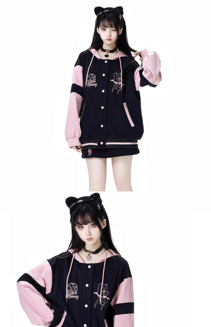 Pink and Black Splicing Color Hooded Baseball Jacket Casual Pant Sets 2025 Spring and Autumn Sweet Cool Girl Students Outfits SS69