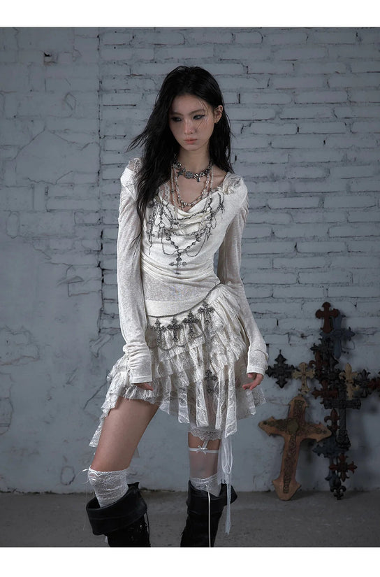 NO ROMANCE Fairy Sexy Punk Printing Half Transparent Lace Patch Knitted Long Sleeve Hooded Dresses Rock Gothic Design Vestidos SS69