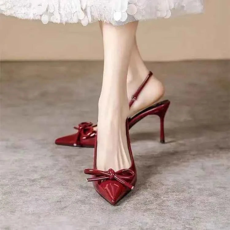 2025 New Butterfly Knot Fashionable Pointed Toe Hollow Back Women's Sandals High Heels Korean Style Spring Autumn Elegant Lad...