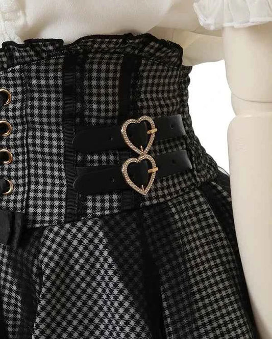 Japanese Liz New Spring Lace Edge Leather Ring High Waist Pleated Skirt Ribbon Bow Short Plaid Skirts Big Bow Lolita Blouses