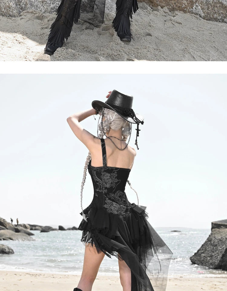 Blood Supply Original Punk Aesthetic dress hot girl Dragon Pattern Denim Sexy Slim Fit Dress Summer Halter Ruffles Short Dresses SS69