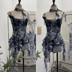Women's Vintage Tie-dye Printed Mesh Spaghetti Strap Camisole Hot Girl Irregular Ruffled Ribbon Sleeveless Top Partyclub 1185