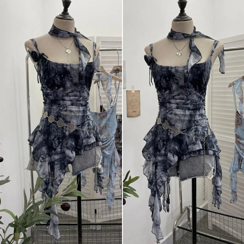 Women's Vintage Tie-dye Printed Mesh Spaghetti Strap Camisole Hot Girl Irregular Ruffled Ribbon Sleeveless Top Partyclub 1185