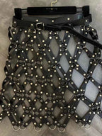2023 Autumn New Pu Leather Skirt Women Sexy Diamond Grid Hollowed Out PU Skirt Outwear Nigh Club Lady Skirts Mini Mujer