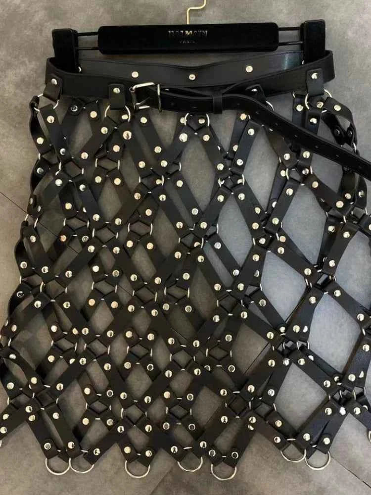 2023 Autumn New Pu Leather Skirt Women Sexy Diamond Grid Hollowed Out PU Skirt Outwear Nigh Club Lady Skirts Mini Mujer