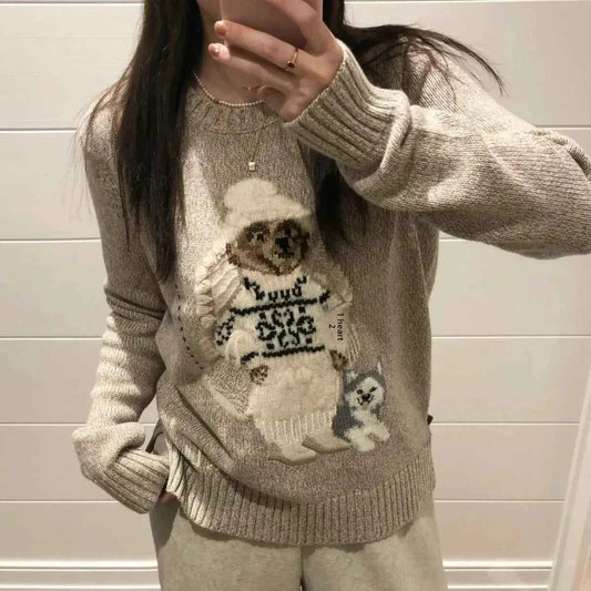 Limited Edition Autumn Winter Knitwear Embroidered Anti-Aging Crew Neck Sweater American Style Versatile Old Money Split Haier