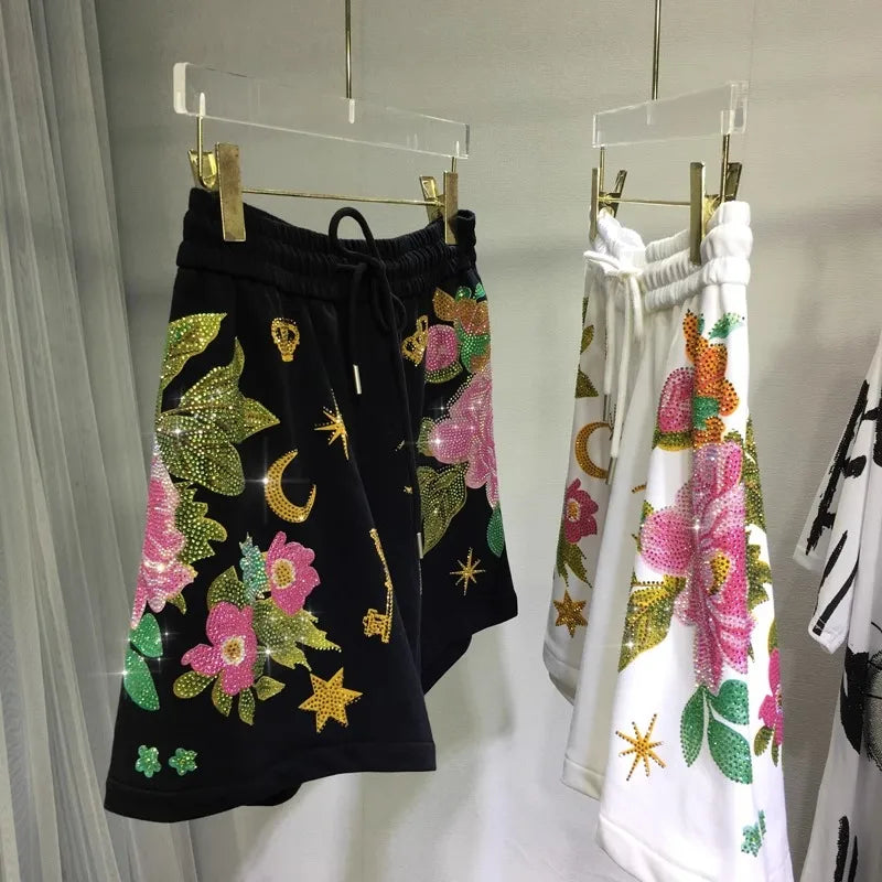 Oversized rhinestone diamond high-waisted black adjustable waist wide leg slacks Women's shorts SS69 24.69 black / 4XL