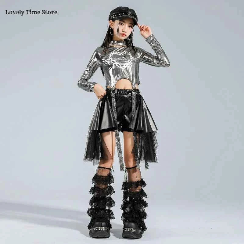 Girls K-pop Silver Shiny Crop Top Street Dance Ribbon Skirt Kids Hip Hop Jazz Clothes Set Children Streetwear Girl Group Costume