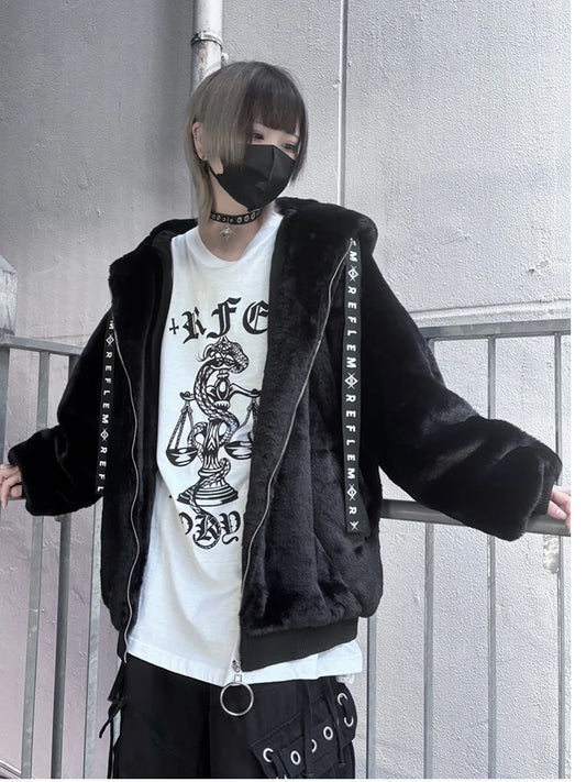 Mauroicardi Autumn Winter Sweet Cute Kawaii Soft Thick Warm Black Faux Fur Coat Women with Bunny Ears Cute Fluffy Jacket Hoodie