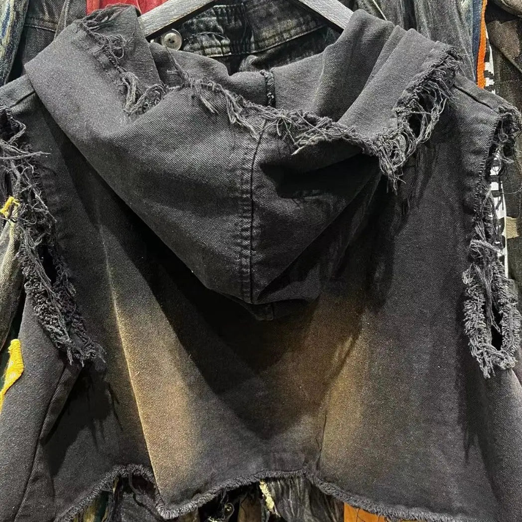 American retro old wash jeans vest women's fashion high-end stitching hole design short sleeveless hooded patch coat jacket. SS69