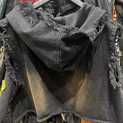 American retro old wash jeans vest women's fashion high-end stitching hole design short sleeveless hooded patch coat jacket. SS69