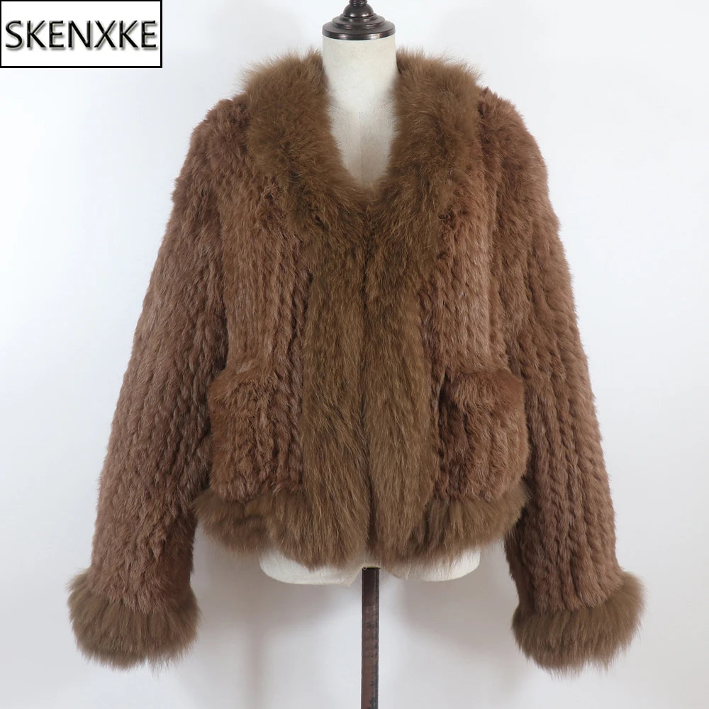 New Women Autumn Winter Knitted Real Rabbit Fur Coat 100% Natural Rabbit Fur Jacket With Fox Fur Collar Overcoat For Female