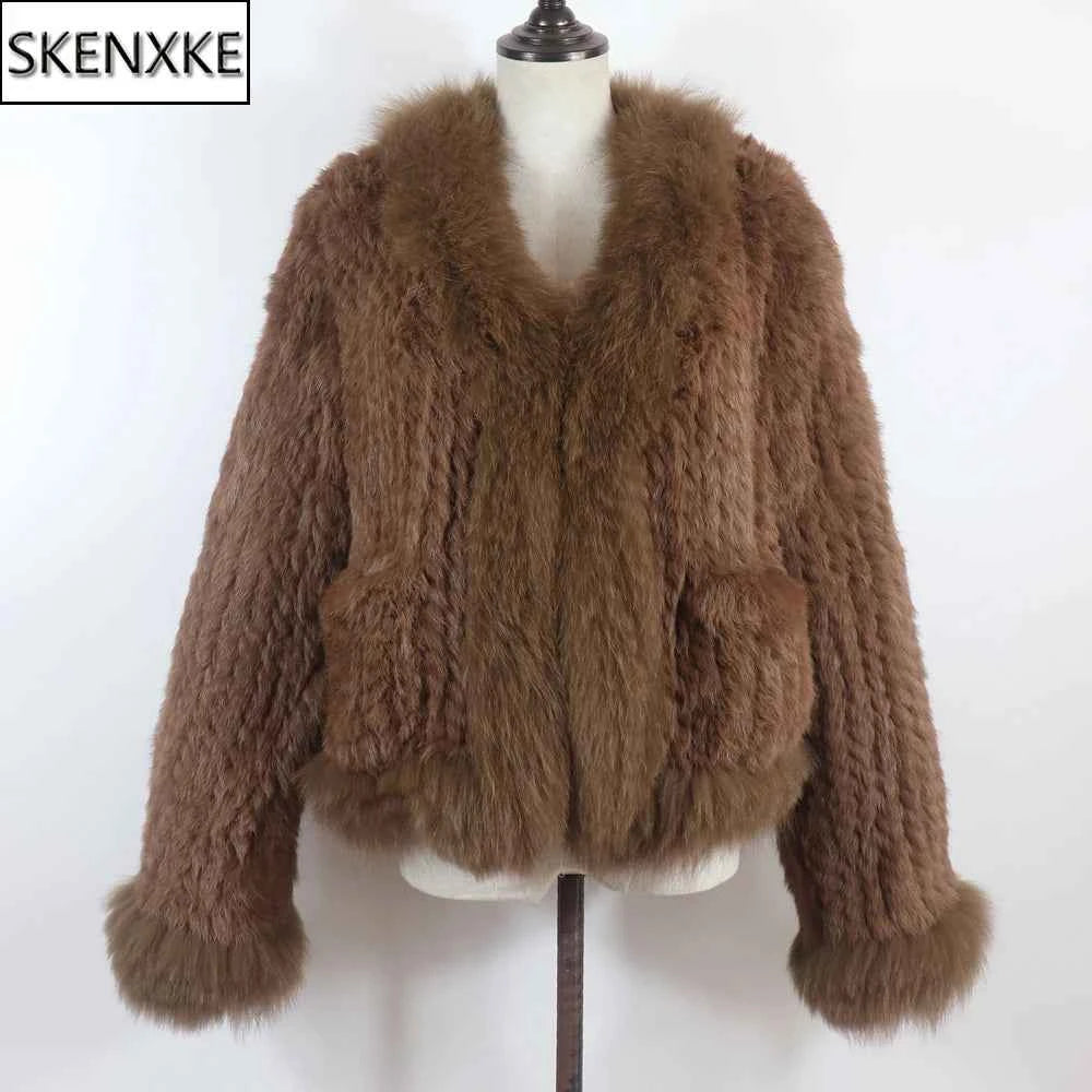 New Women Autumn Winter Knitted Real Rabbit Fur Coat 100% Natural Rabbit Fur Jacket With Fox Fur Collar Overcoat For Female