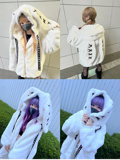 Nerazzurri Winter Sweet Cute Kawaii Soft Thick Warm White Faux Fur Coat Women with Bunny Ears Cute Fluffy Jacket Hoodie 2024 SS69