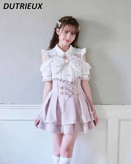 Japanese Mine Off-Shoulder Pearl Collar Cute Sweet Big Bow Shirt Skirt Outfit Women Summer New Lolita Short-Sleeved Shirt Skirts