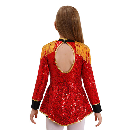 Moggemol Girls Sequin Ringmaster Bodysuit Long Sleeve Circus Costume