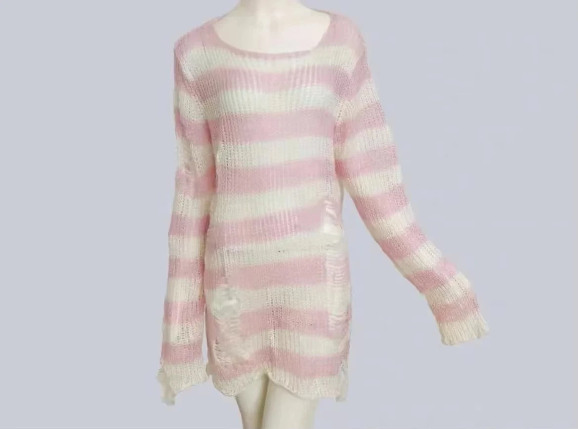 New Women's Punk Gothic Oversized Pullover Sweater Striped Hollow out Cool Harajuku Aesthetics Spring Autumn