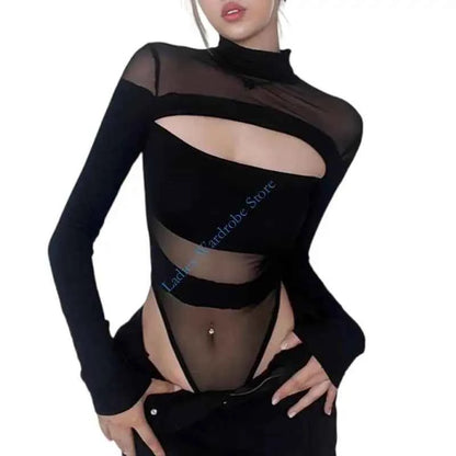 M7DD Early 2000s Fashion Encouraged Close Bodysuit Tall Collar Net Intonation Flexible Substance