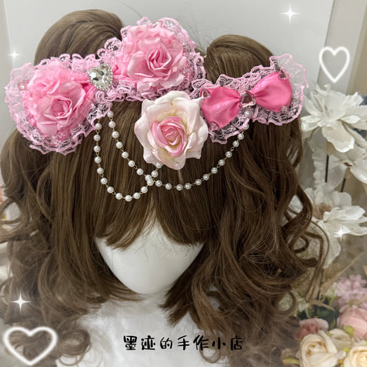SS69 Lolita Lace Bow Hairpin with Pearl Chain and Floral Accents