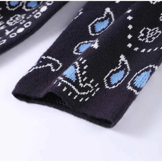 Vintage Tassels Print Women's Print Cardigan V-Neck Lace Up Full Sleeve Spliced Sweaters 2025 Autumn Lady All-match Kintwears