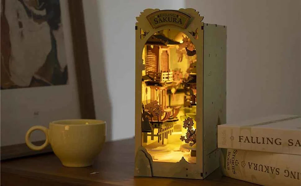 Robotime Rolife Falling Sakur Book Nook DIY Dollhouse Bookend Model Kit with LED Light Wooden Puzzle for Bookshelf Decor - TGB05