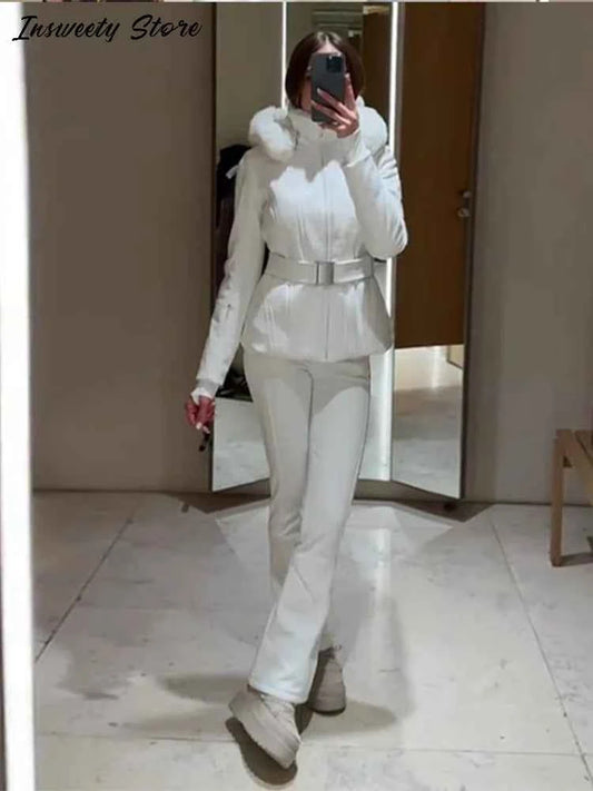 Fashion Solid Warm Ski Suit Women's Hood Fur Trim Full Sleeves Belt Coats High Waist Pants 2025 Winter Lady Windproof Tracksuit