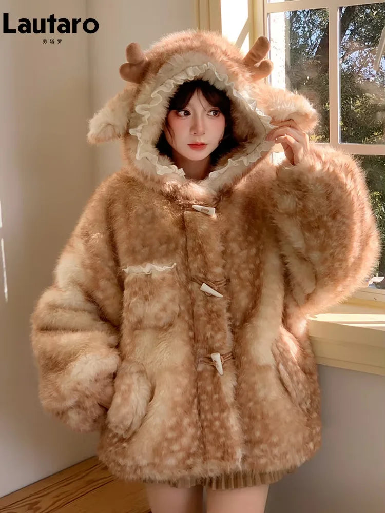 Lautaro Autumn Winter Thick Warm Sweet Cute Lace Patchwork Faux Fur Coat Hoodie Women with Deer Ears Horn Buttons Fluffy Jacket