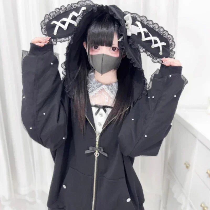 CHUJIECN Kawaii Bunny Ear Lace Zipper Hoodie