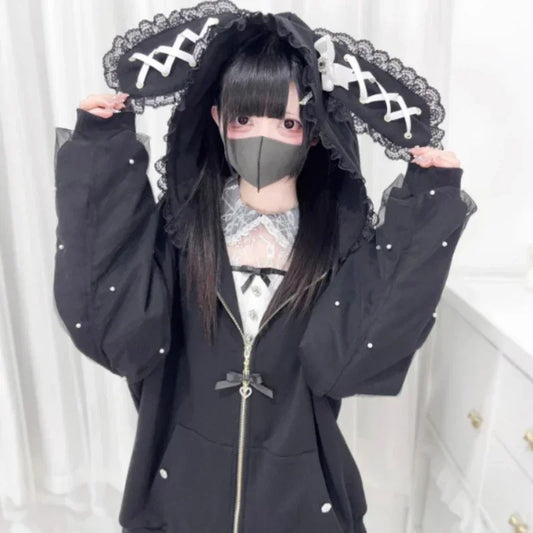 CHUJIECN Japanese Kawaii Bunny Ear Hoodie Women Lace Zipper Jacket