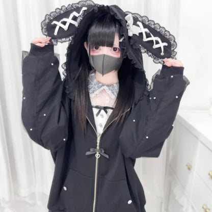 CHUJIECN Women's Japanese Kawaii Bunny Ear Hoodie with Lace and Zipper