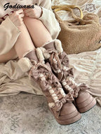 Lolita Winter Calf Boots Original Cute Bow Women's Warm Snow Boots Plush Warm Girl Female Suede Long Fur Boots