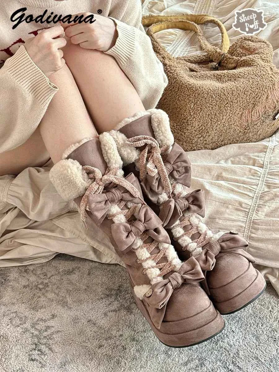 Lolita Winter Calf Boots Original Cute Bow Women's Warm Snow Boots Plush Warm Girl Female Suede Long Fur Boots