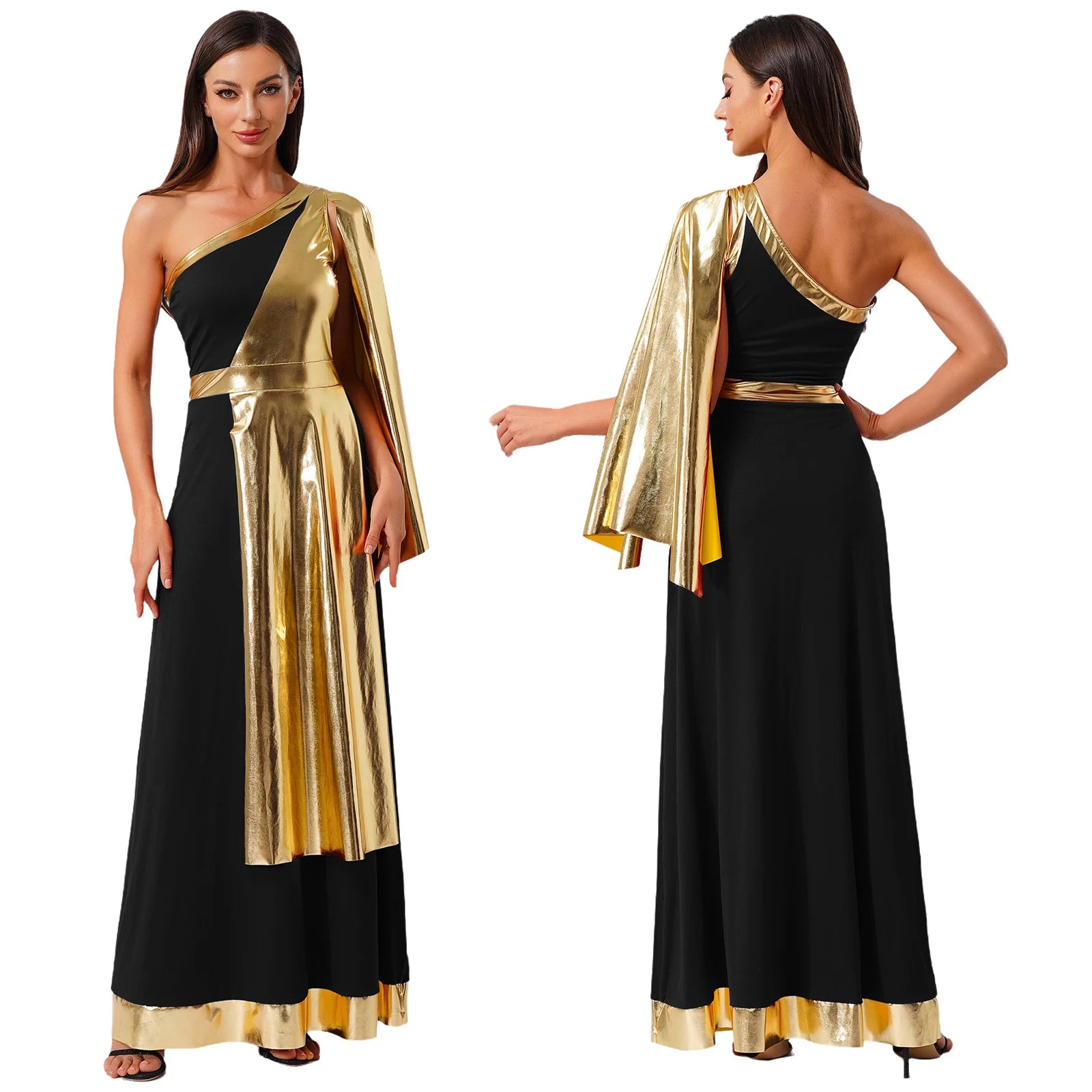 One-Shoulder Greek Goddess Tunic Dress with Metallic Drape