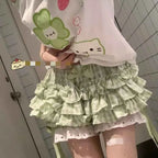 Kimotimo Green Plaid Bow Skirt Shorts Women Elastic Waist Slim Ift Short Pants Japanese Kawaii Versatile Y2k Aesthetic Clothes