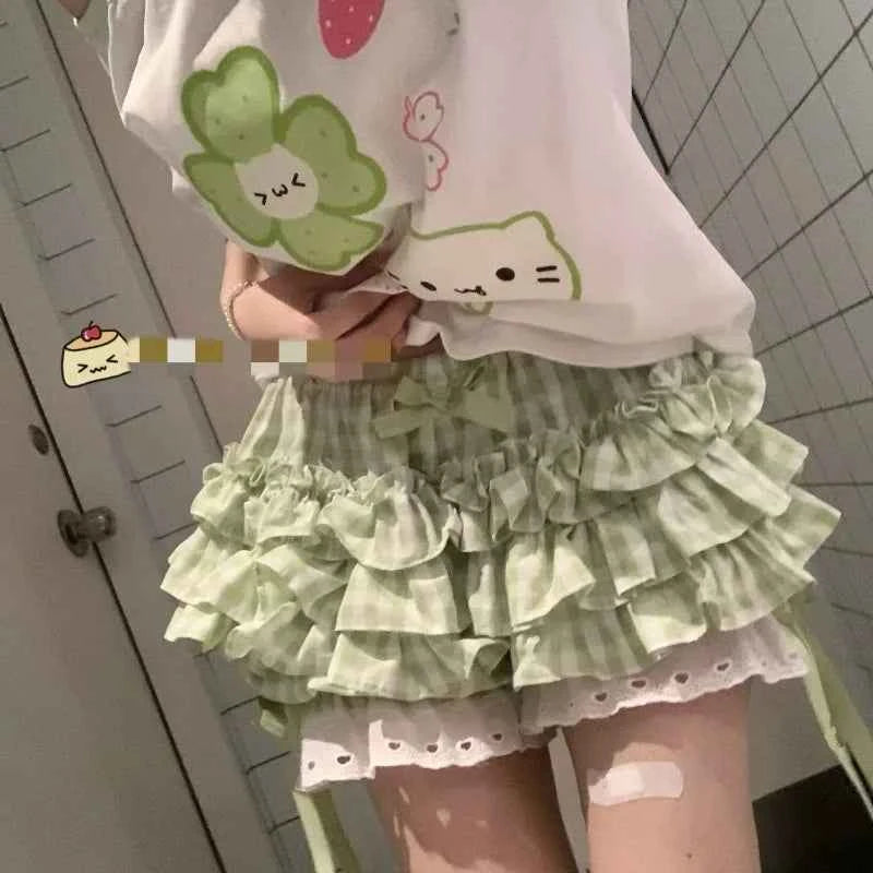 Kimotimo Green Plaid Bow Skirt Shorts Women Elastic Waist Slim Ift Short Pants Japanese Kawaii Versatile Y2k Aesthetic Clothes